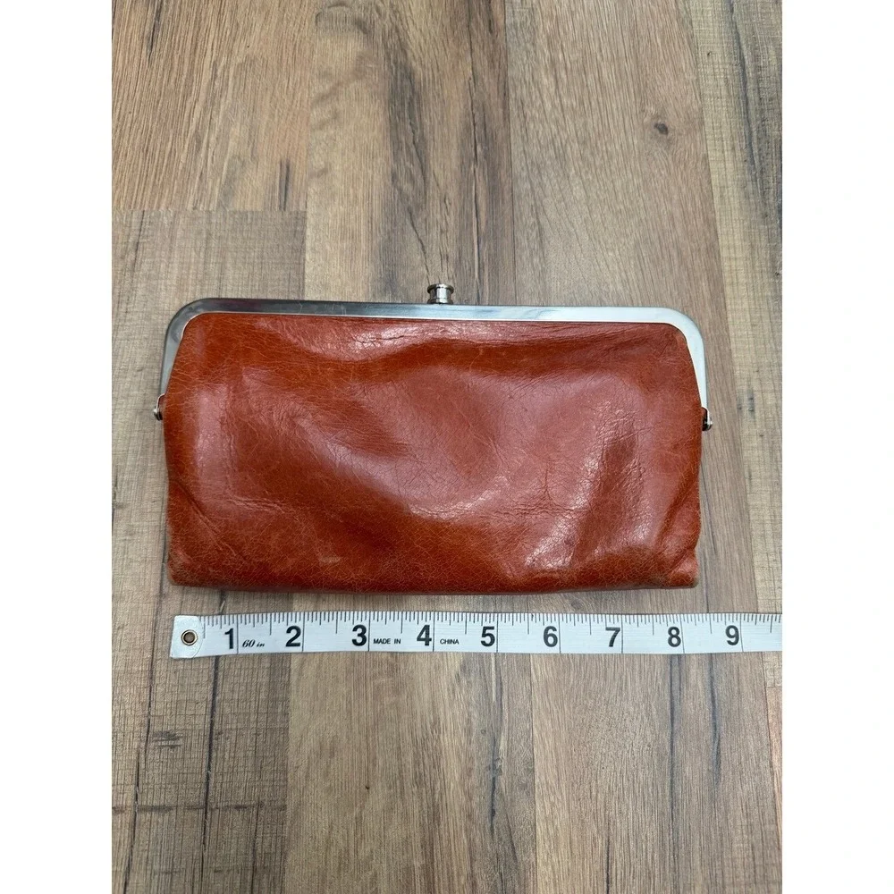 HOBO Leather Frame Clutch Wallet Cognac Kisslock Organizer RFID Brown